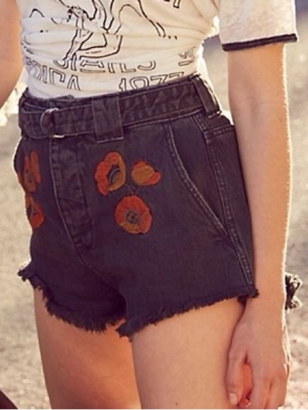 Free People Tamber Floral High Rise Shorts Charcoal Gray Denim Size 25